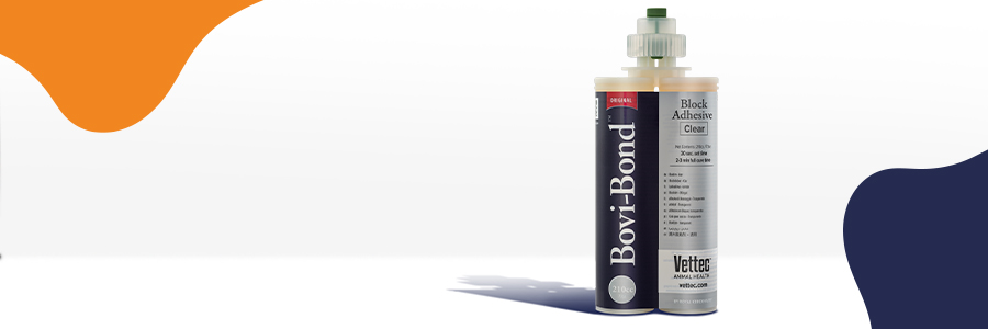  Vettec Bovi-Bond adhesive product shot on a mood image with the distinctive cow-print pattern. 