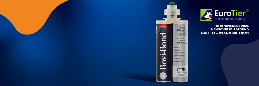 Vettec Bovi-Bond adhesive product shot on a mood image with the distinctive cow-print pattern. 